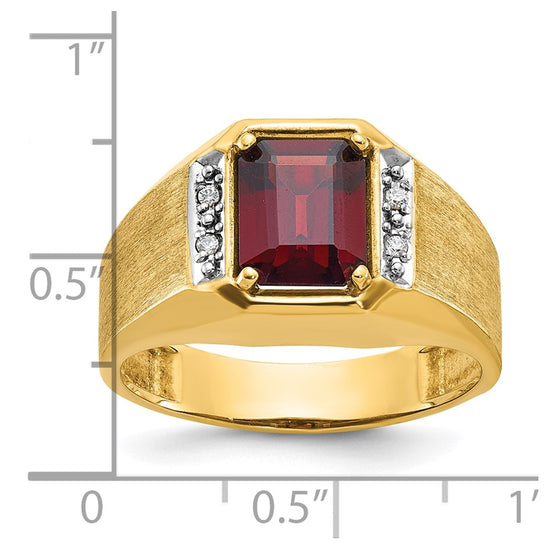 14k Men's Polished and Satin Created Ruby and 1/20 carat Diamond Complete Ring