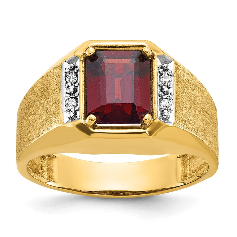 14k Men's Polished and Satin Created Ruby and 1/20 carat Diamond Complete Ring