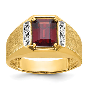 14k Men's Polished and Satin Created Ruby and 1/20 carat Diamond Complete Ring