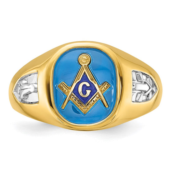 IBGoodman 14k with White Rhodium Men's Polished and Textured with Lab Created Sapphire Blue Lodge Master Masonic Ring