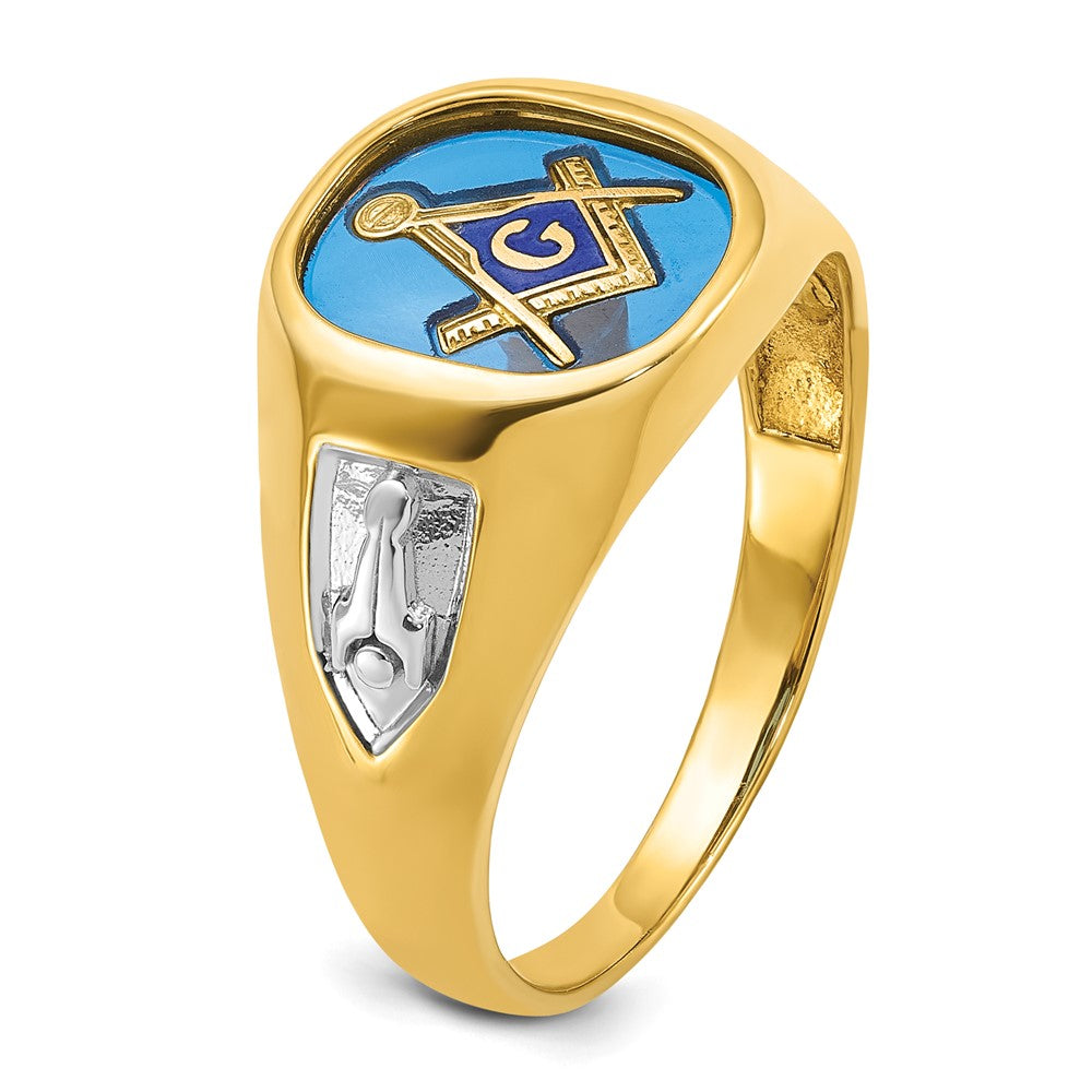 IBGoodman 14k with White Rhodium Men's Polished and Textured with Lab Created Sapphire Blue Lodge Master Masonic Ring