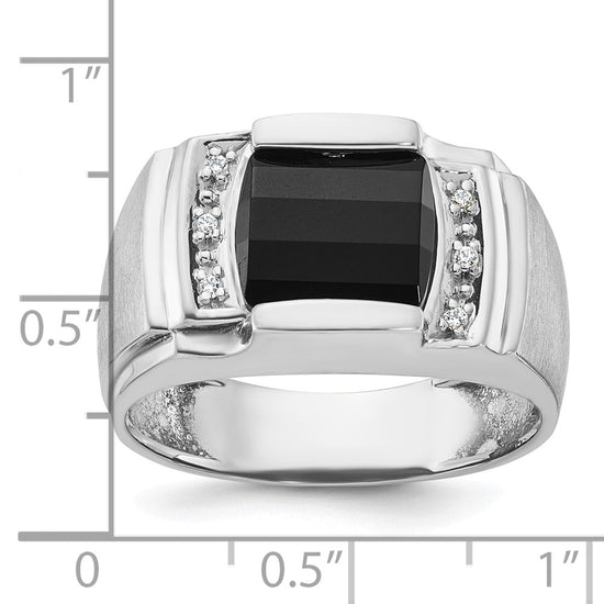 14k White Gold Mens Satin Barrel Onyx and 1/20 carat Diamond Complete Ring