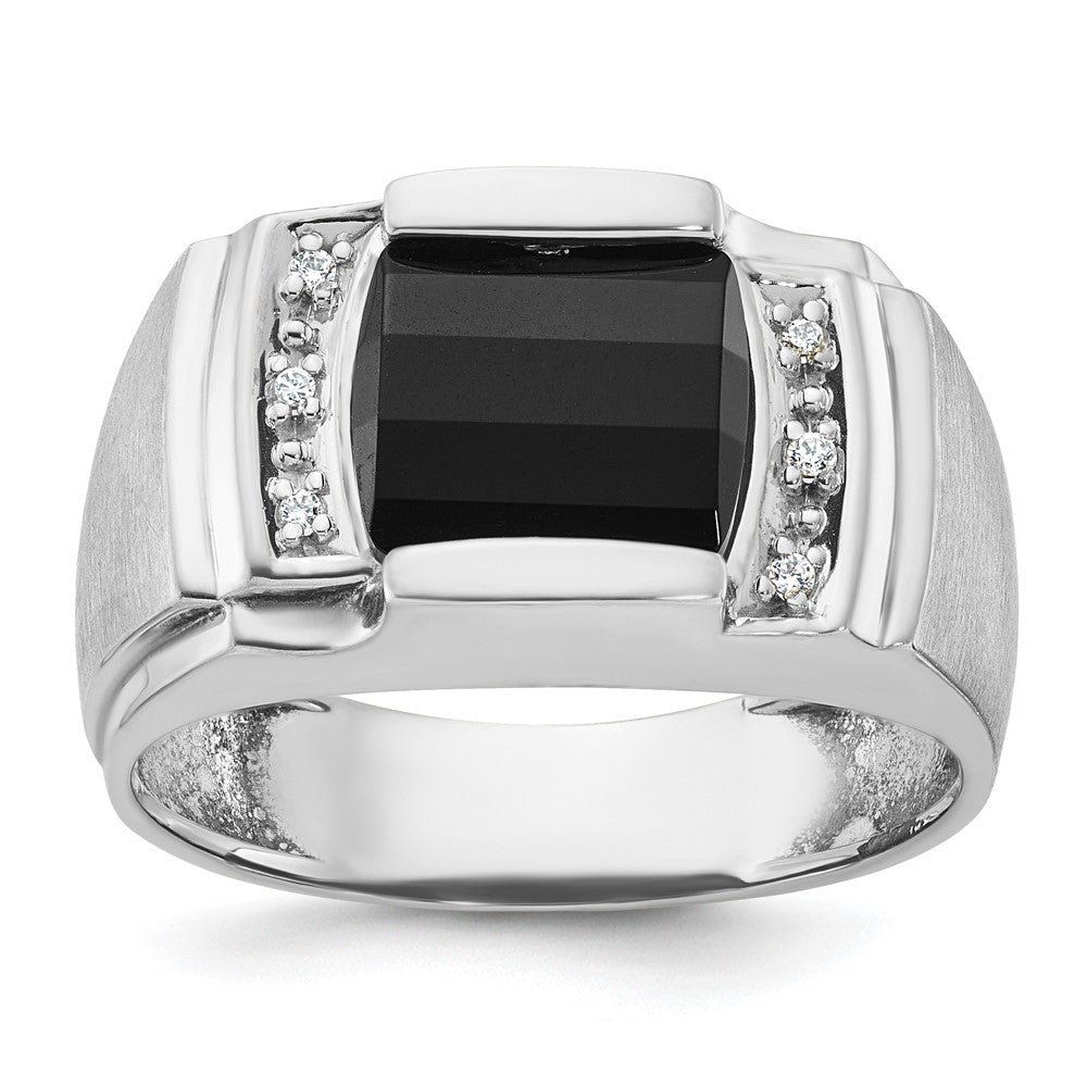 14k White Gold Mens Satin Barrel Onyx and 1/20 carat Diamond Complete Ring