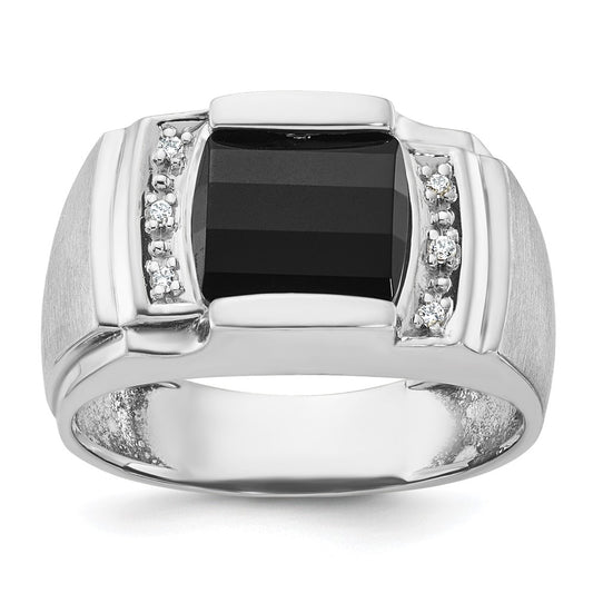 14k White Gold Mens Satin Barrel Onyx and 1/20 carat Diamond Complete Ring