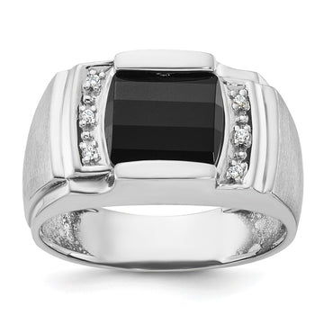 14k White Gold Mens Satin Barrel Onyx and 1/20 carat Diamond Complete Ring