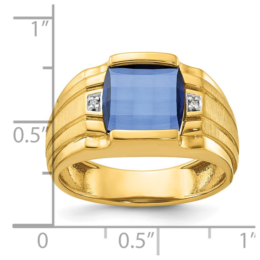 10k Mens Barrel Cushion Lab Created Sapphire and Diamond Complete Ring