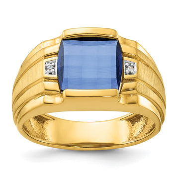 14k Mens Barrel Lab Created Sapphire and Diamond Complete Ring