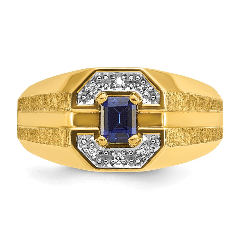 14k Men's Created Sapphire and 1/20 carat Diamond Satin Complete Ring