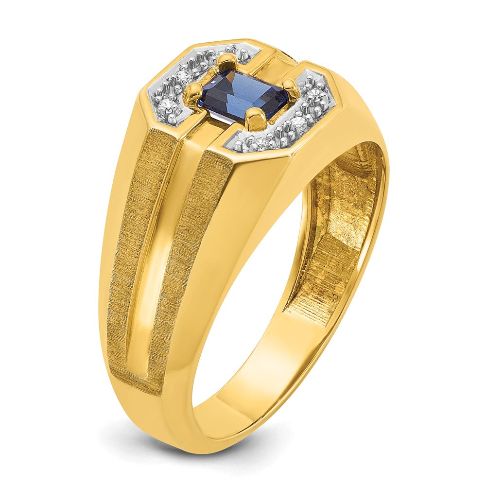 14k Men's Created Sapphire and 1/20 carat Diamond Satin Complete Ring