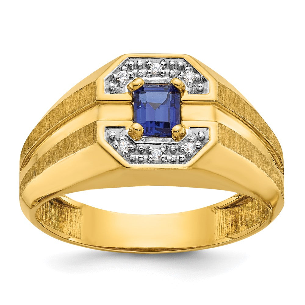 14k Men's Created Sapphire and 1/20 carat Diamond Satin Complete Ring