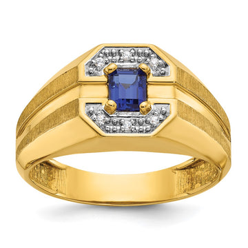14k Men's Created Sapphire and 1/20 carat Diamond Satin Complete Ring