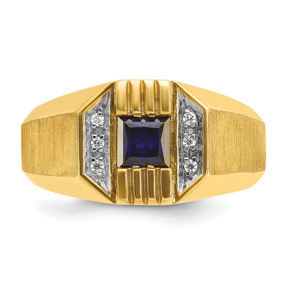 14k Men's Created Sapphire and 1/20 carat Diamond Satin Complete Ring