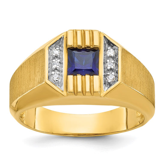 14k Men's Created Sapphire and 1/20 carat Diamond Satin Complete Ring