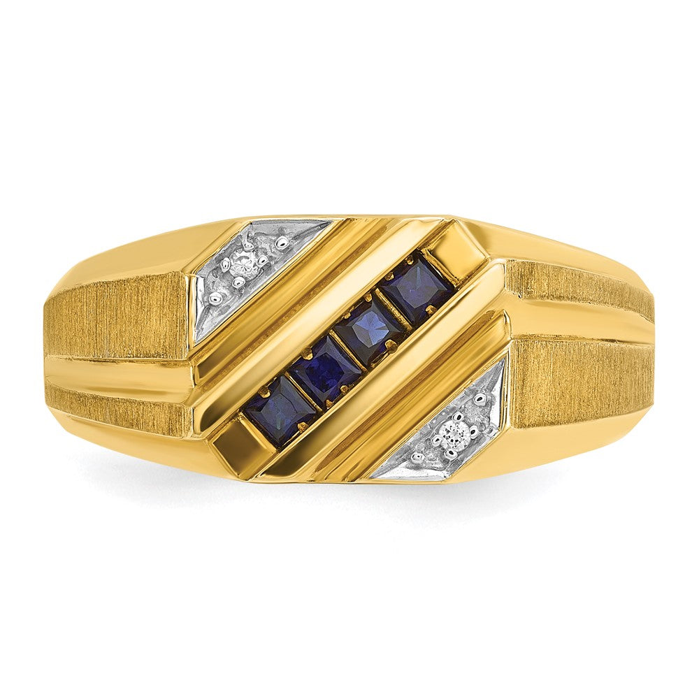 14k Men's Created Sapphire and Diamond Satin Complete Ring