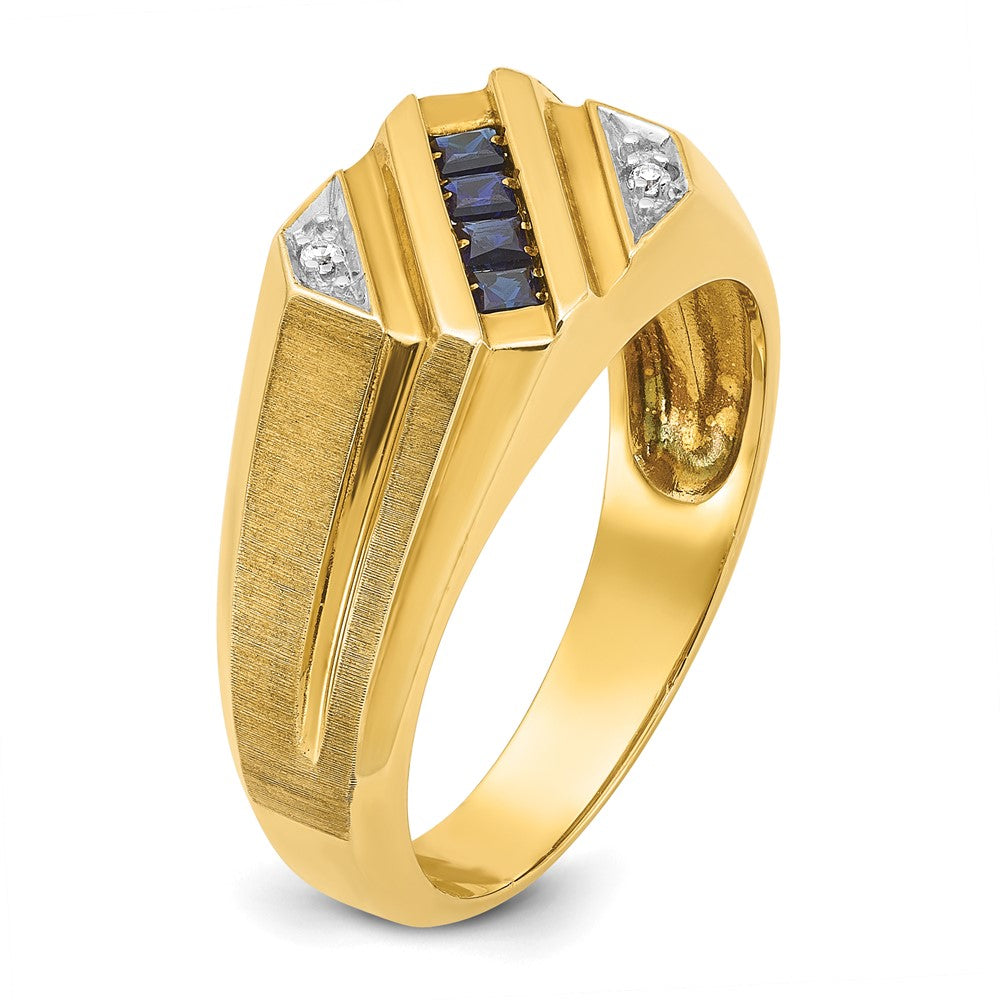 14k Men's Created Sapphire and Diamond Satin Complete Ring