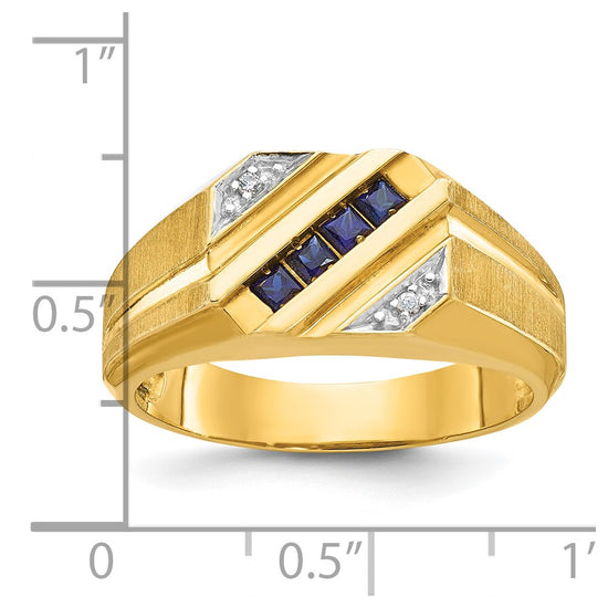 14k Men's Created Sapphire and Diamond Satin Complete Ring