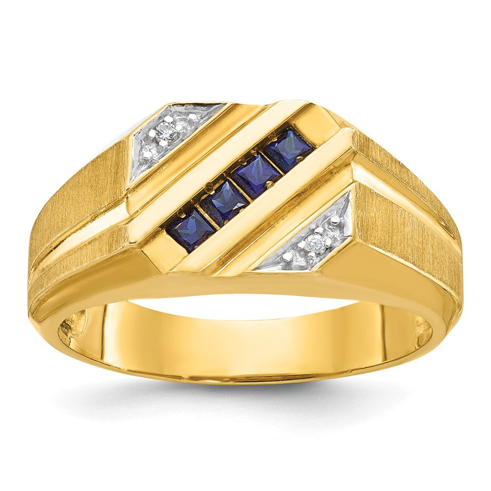 14k Men's Created Sapphire and Diamond Satin Complete Ring