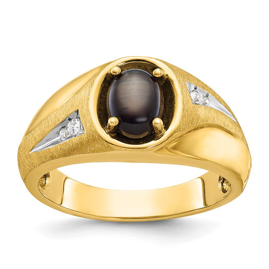 10k Mens Satin 8x6mm Black Star Sapphire and 1/20 carat Diamond Complete Ring
