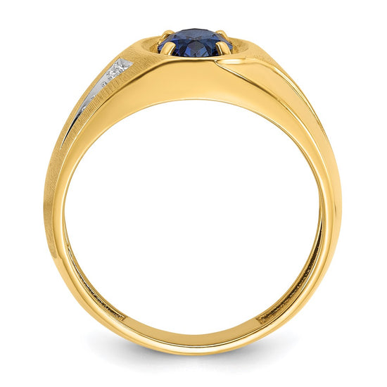 14k Men's Created Sapphire and Diamond Satin Complete Ring