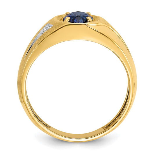 14k Men's Created Sapphire and Diamond Satin Complete Ring