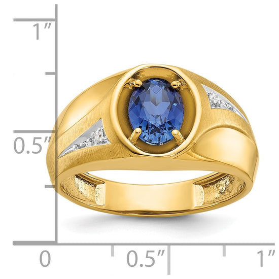 14k Men's Created Sapphire and Diamond Satin Complete Ring