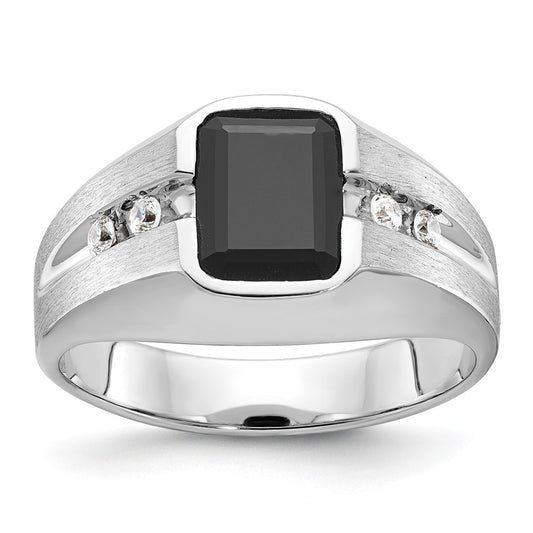 14k White Gold Men's Polished and Satin Onyx and 1/8 Carat AA Quality Diamond Ring