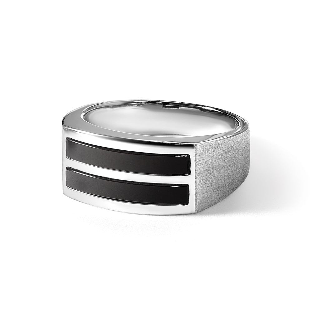 14k White Gold Men's Polished and Satin 2-Row Onyx Ring