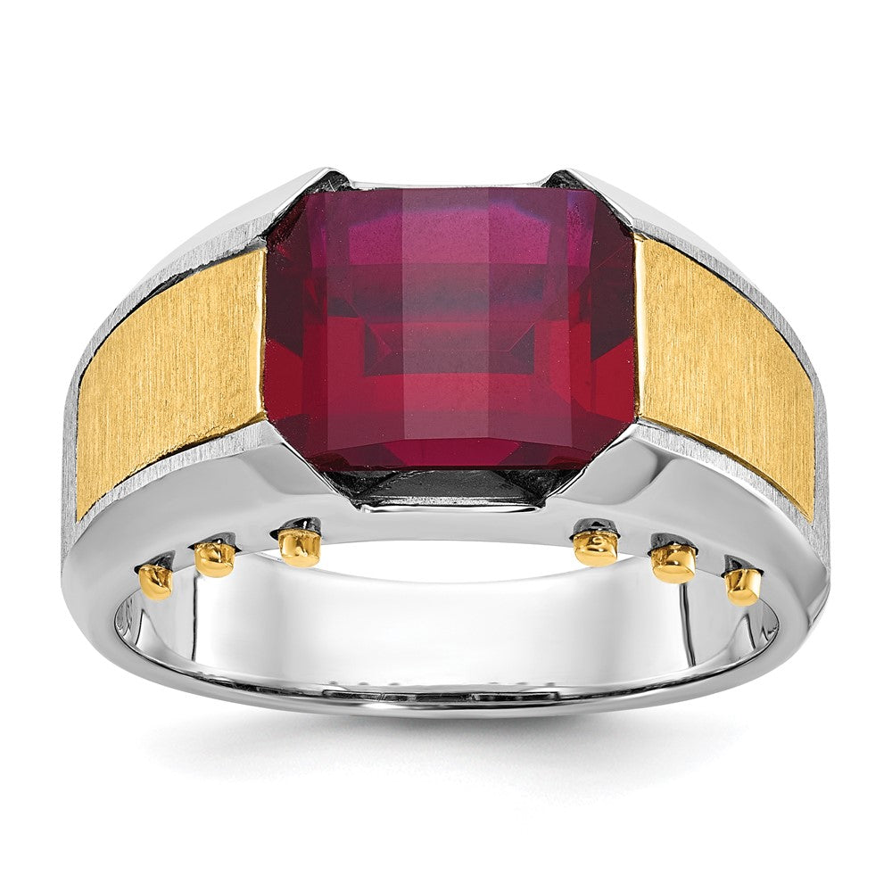 14k Two-tone Men's Created Garnet Complete Ring