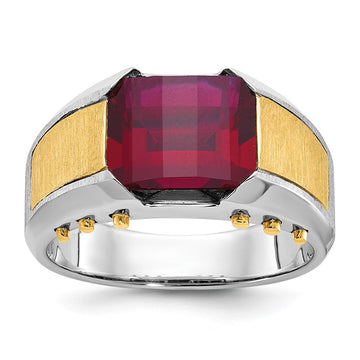 14k Two-tone Men's Created Garnet Complete Ring
