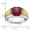 14k Two-tone Men's Polished and Satin Lab Created Garnet and AA Quality Diamond Ring