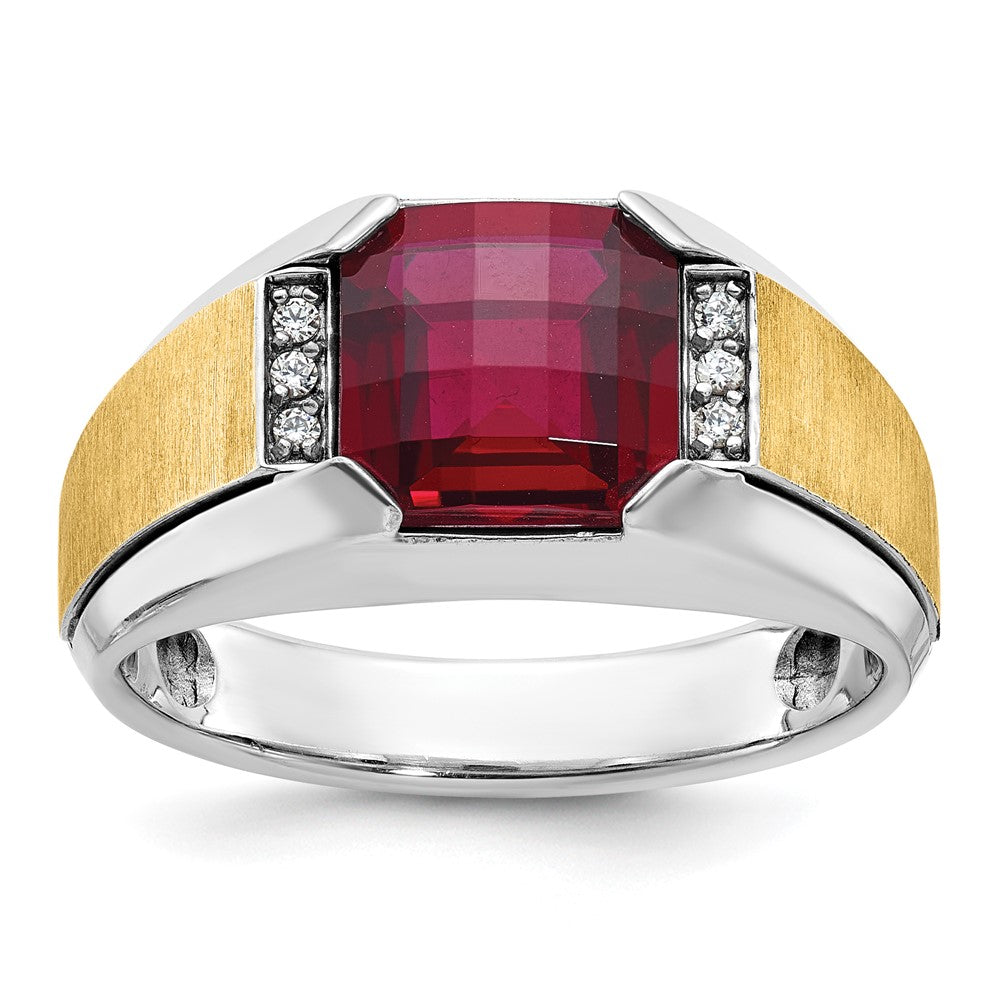 14k Two-tone Men's Polished and Satin Lab Created Garnet and AA Quality Diamond Ring