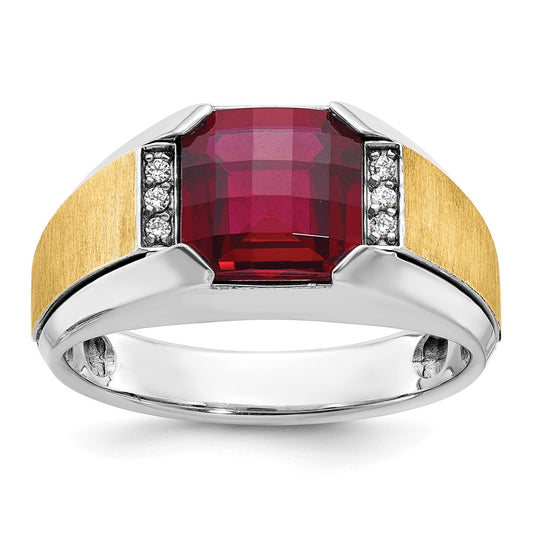 14k Two-tone Men's Polished and Satin Lab Created Garnet and AA Quality Diamond Ring