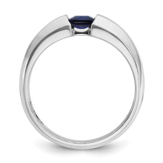 14k White Gold Men's Polished Lab Created Sapphire and 1/5 Carat AA Quality Diamond Ring