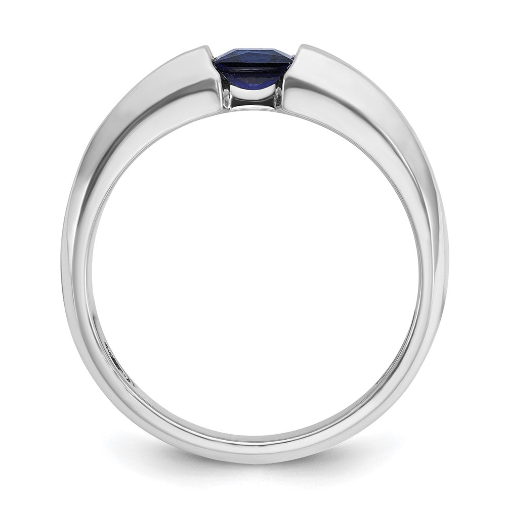 14k White Gold Men's Polished Lab Created Sapphire and 1/5 Carat AA Quality Diamond Ring