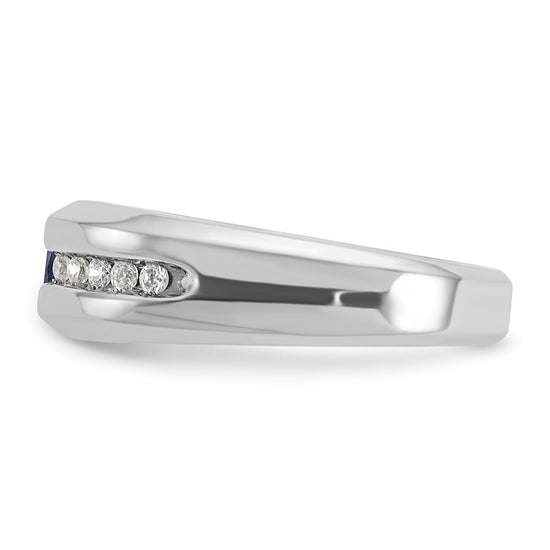 14k White Gold Men's Polished Lab Created Sapphire and 1/5 Carat AA Quality Diamond Ring