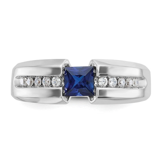14k White Gold Men's Polished Lab Created Sapphire and 1/5 Carat AA Quality Diamond Ring