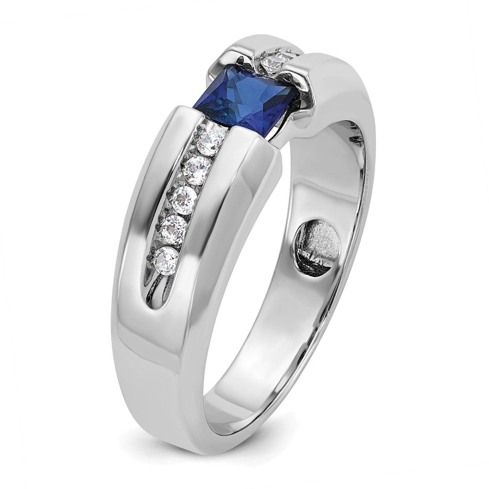 14k White Gold Men's Polished Lab Created Sapphire and 1/5 Carat AA Quality Diamond Ring