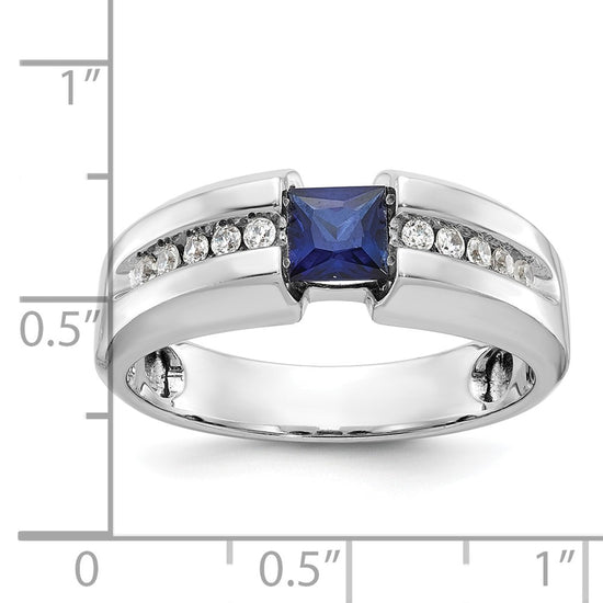 14k White Gold Men's Polished Lab Created Sapphire and 1/5 Carat AA Quality Diamond Ring