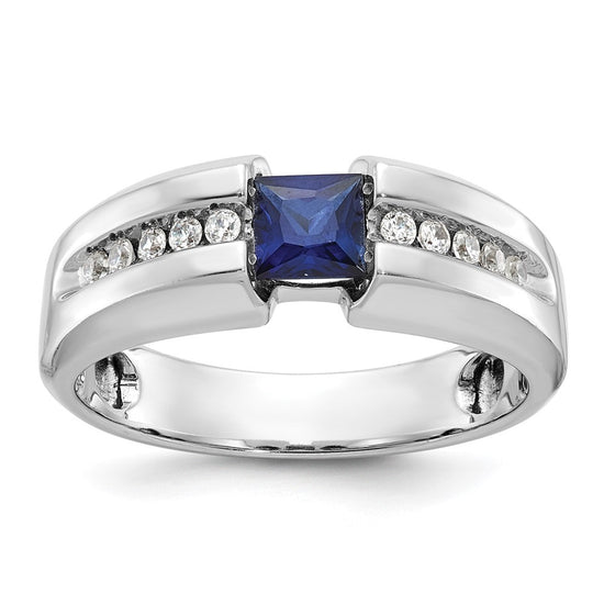 14k White Gold Men's Polished Lab Created Sapphire and 1/5 Carat AA Quality Diamond Ring