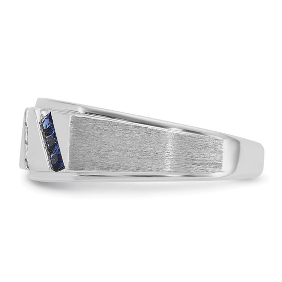 14k White Gold Men's Satin Lab Created Sapphire and 1/10 carat Diamond Complete Ring