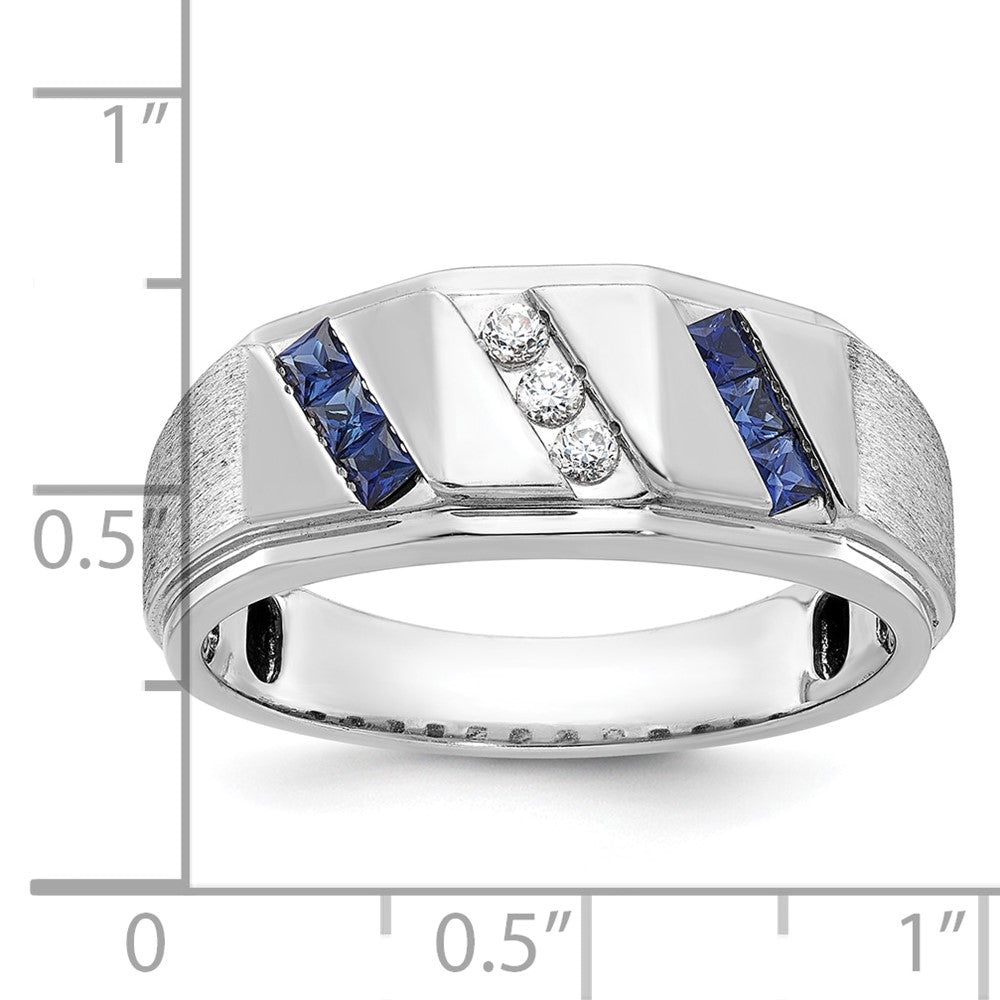 14k White Gold Men's Satin Lab Created Sapphire and 1/10 carat Diamond Complete Ring