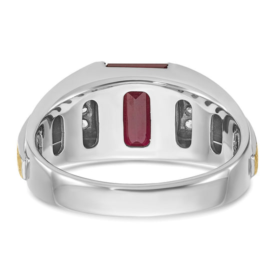 14k Two-tone Men's Satin Created Ruby and 1/20 carat Diamond Complete Ring