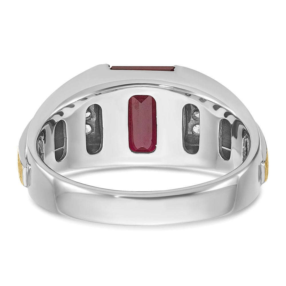 14k Two-tone Men's Satin Created Ruby and 1/20 carat Diamond Complete Ring