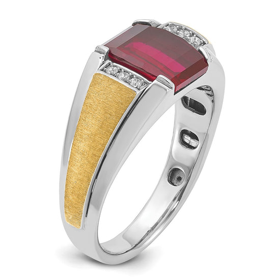 14k Two-tone Men's Satin Created Ruby and 1/20 carat Diamond Complete Ring