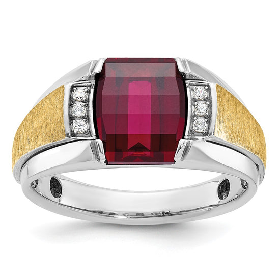 14k Two-tone Men's Satin Created Ruby and 1/20 carat Diamond Complete Ring