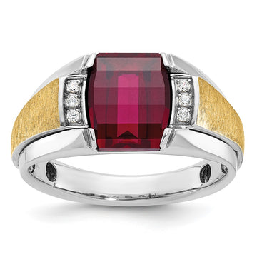 14k Two-tone Men's Satin Created Ruby and 1/20 carat Diamond Complete Ring