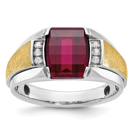 14k Two-tone Men's Satin Created Ruby and 1/20 carat Diamond Complete Ring
