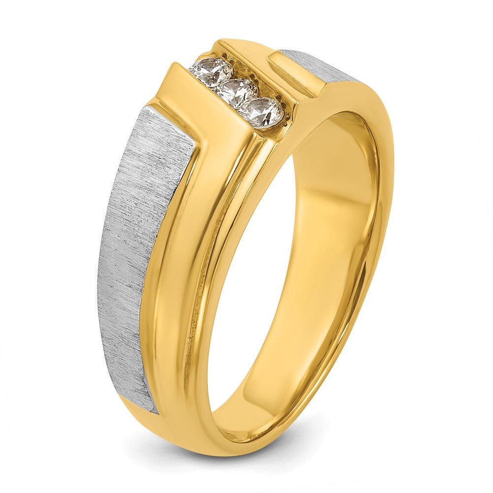 14k Two-tone Men's Polished Satin and Grooved 3-Stone 1/4 Carat AA Quality Diamond Ring