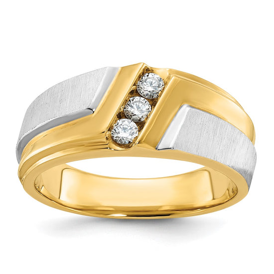 14k Two-tone Men's Polished Satin and Grooved 3-Stone 1/4 Carat AA Quality Diamond Ring