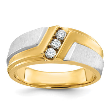 14k Two-tone Men's Polished Satin and Grooved 3-Stone 1/4 Carat AA Quality Diamond Ring